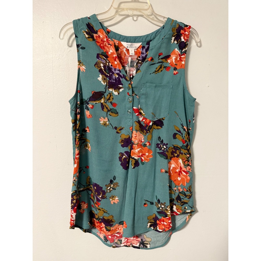 Market & Spruce Teal Floral Sleeveless Blouse WGW10379 NWT Large